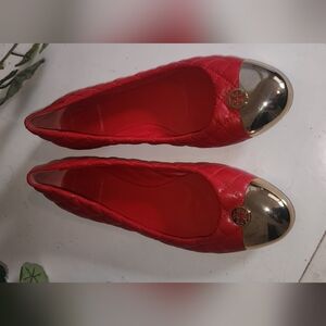 Tory Burch Red Quilted Flats with Gold Metal Toe